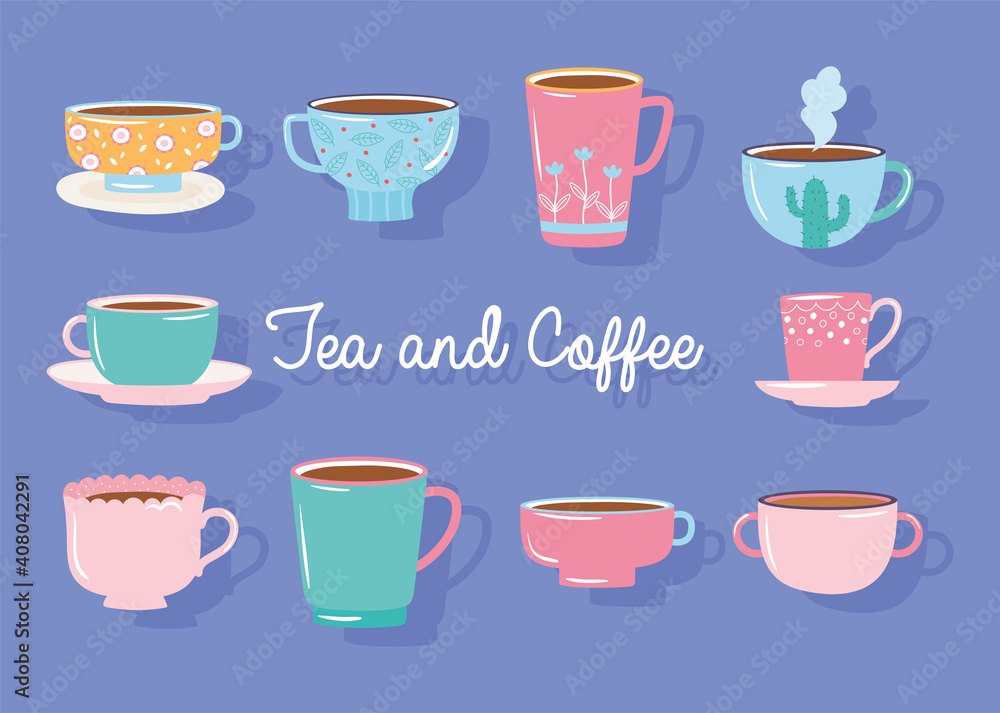 Fototapeta premium tea and coffee different cups decorated collection
