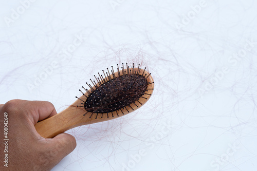 Hairs loss fall in comb on white background.