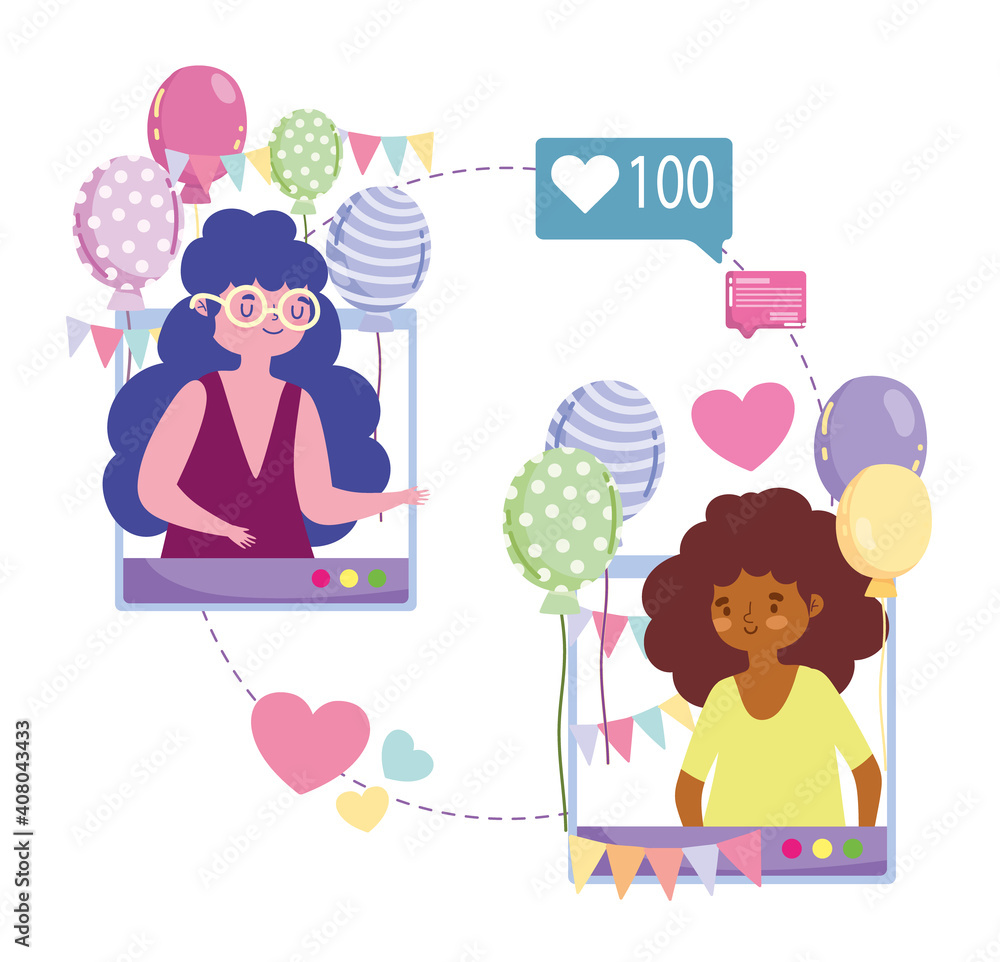 virtual party, women celebration party festive by internet with smartphones virtual party, women celebration party festive by internet with smartphones