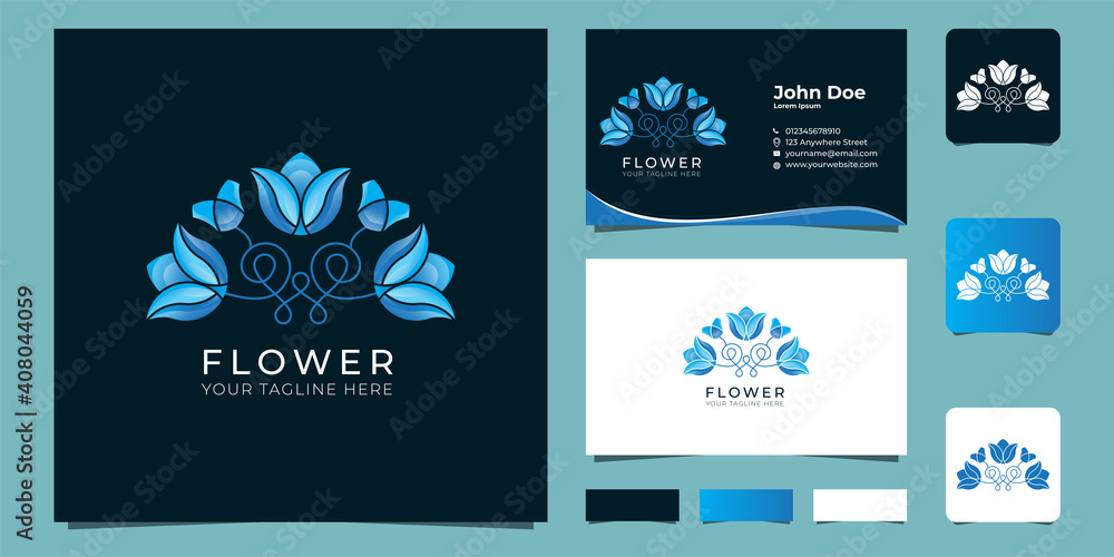 Fototapeta premium elegant blue floral logo with Premium Vector Business Card of fashion, skin care, cosmetics, yoga and spa products.