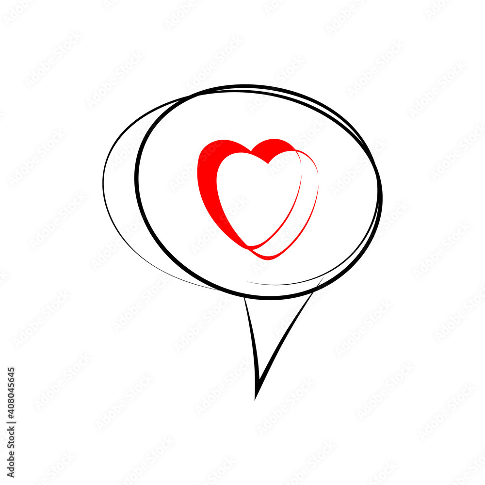 Speech bubble icon with red heart. Hand drawn doodle elements. White background Speech bubble icon with red heart. Hand drawn doodle elements. White background