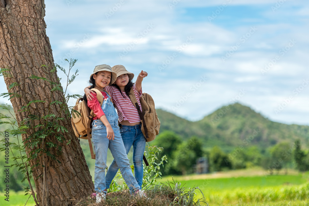 Group friend children travel nature summer trips.  Family Asia people  tourism happy and fun explore adventure outdoors for leisure and destination for education natural