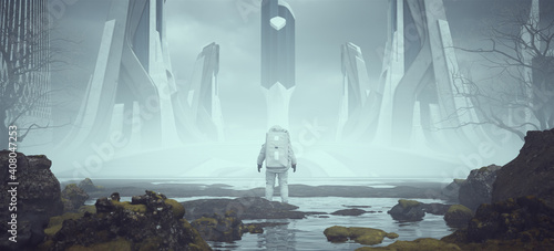 Fotografia Astronaut Alien Landscape near a Foggy Abandoned Utopian Style Architecture in t