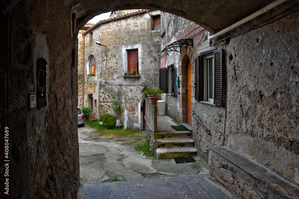 A narrow street in Tora e Piccilli, a medieval village in the province of Caserta, Italy.
