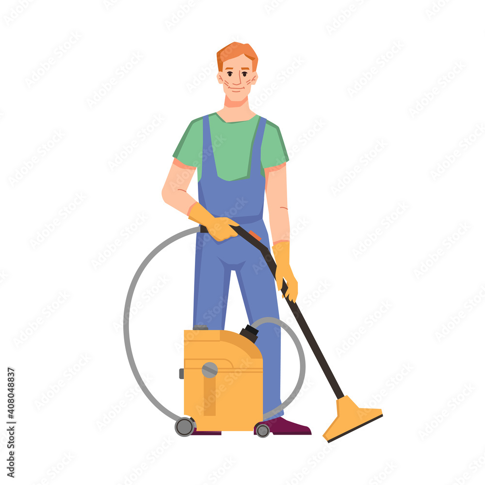 Cleaning service and care for home, office or hotel room. Isolated cleaner staff with machine for tidying from dust. Washing and cleanup in household. Cartoon character, vector in flat style Cleaning service and care for home, office or hotel room. Isolated cleaner staff with machine for tidying from dust. Washing and cleanup in household. Cartoon character, vector in flat style