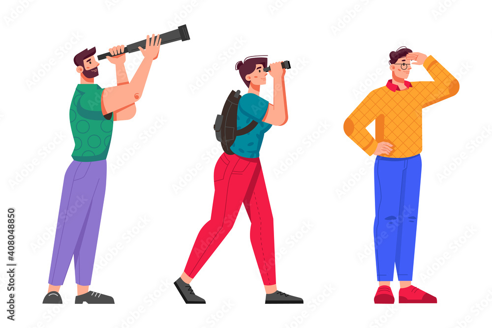 Future vision concept, leaders seeking for business opportunities. Isolated bosses with spyglasses and binoculars looking into distance. Inspiration and leadership. Cartoon character, vector in flat Future vision concept, leaders seeking for business opportunities. Isolated bosses with spyglasses and binoculars looking into distance. Inspiration and leadership. Cartoon character, vector in flat