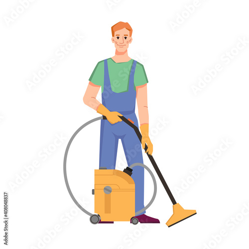 Cleaning service and care for home, office or hotel room. Isolated cleaner staff with machine for tidying from dust. Washing and cleanup in household. Cartoon character, vector in flat style