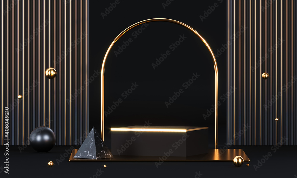 Round podium with geometric shapes and gold elements. Abstract blank pedestal, display platform. 3d rendering Round podium with geometric shapes and gold elements. Abstract blank pedestal, display platform. 3d rendering