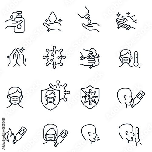 Coronavirus Protection set icon. Antiseptic, Fever, Washing Hands, Man and Woman Wearing Face Mask symbol vector illustration