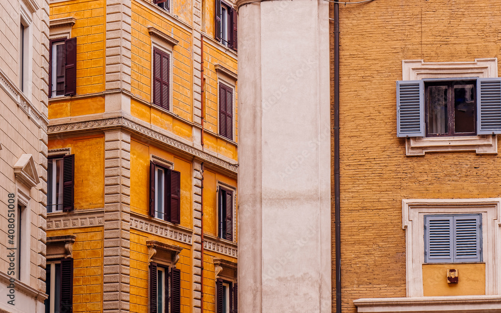vintage buildings' colorful facades, Rome Italy