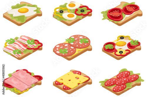 A set of flat illustrations of delicious breakfast toast.Fried pieces of bread with sausage, cheese, eggs, bacon and ham with tomatoes.Food for breakfast, food for lunch,food for dinner.