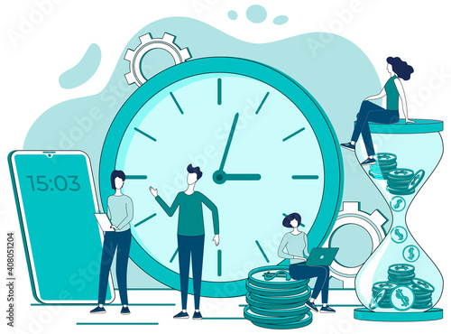 Time management.The process of organizing a business, business people working together, working overtime under deadline conditions.People and a big clock with a smartphone showing the time and an hour