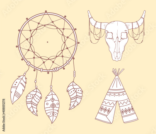 teepee bull skull and dreamcatcher boho and tribal