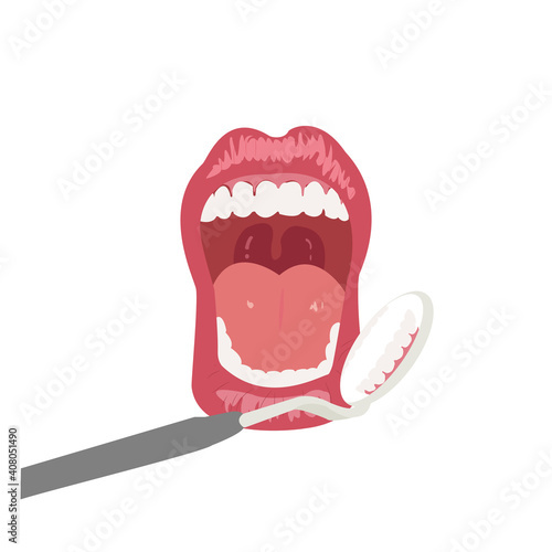 A anatomy human open mouth with healthy teeth model and dentistry with dental mirror in front of . Oral cavity. Infographic design for educational poster.Vector illustration flat design