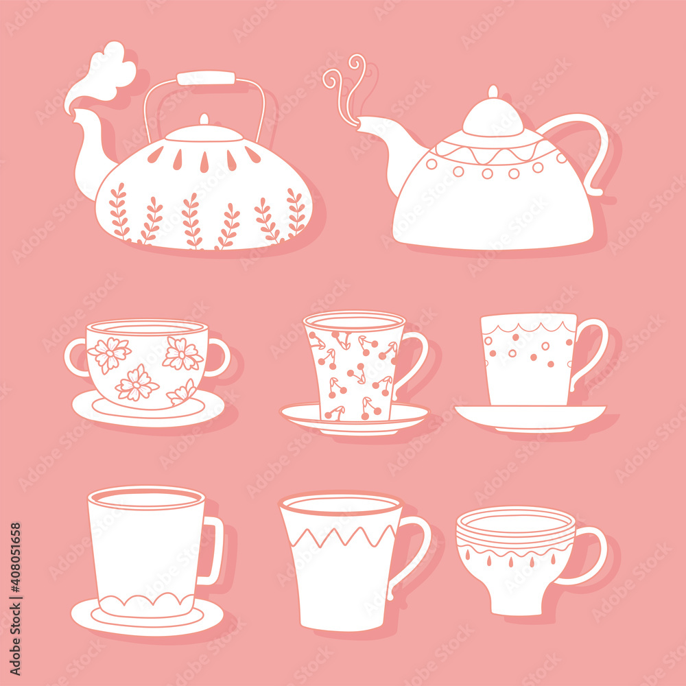 tea and coffee teapots, cups, kettles different, line style tea and coffee teapots, cups, kettles different, line style