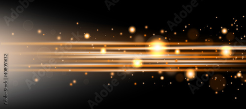 Laser or horizontal beams of light. Glowing abstract sparkling background with yellow highlights. © Maryna Osadcha