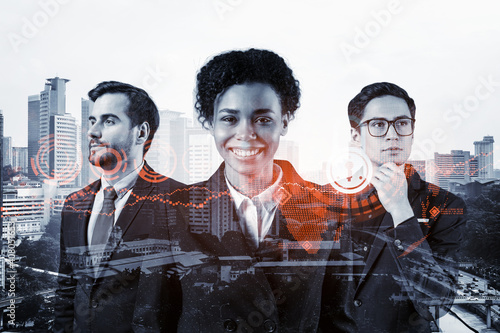 Photography Group of business colleagues as a part of multinational corporate team working on project to protect clients information at cybersecurity compliance division