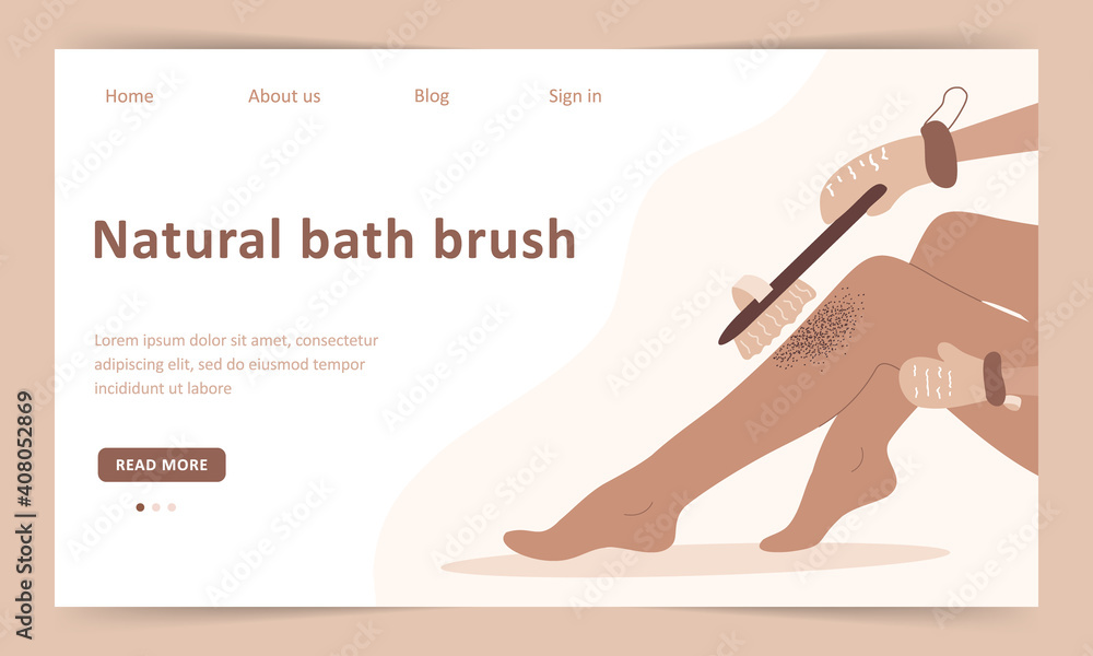 Skin care concept. Landing page template. Anti-cellulite massage with dry cactus brush. Organic treatment for peeling body. Vector illustration in cartoon style. Skin care concept. Landing page template. Anti-cellulite massage with dry cactus brush. Organic treatment for peeling body. Vector illustration in cartoon style.