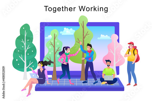 Colleagues collaborate as a virtual team from different locations, represented on a large laptop. This concept shows remote working, online connection, and a flexible modern business environment.