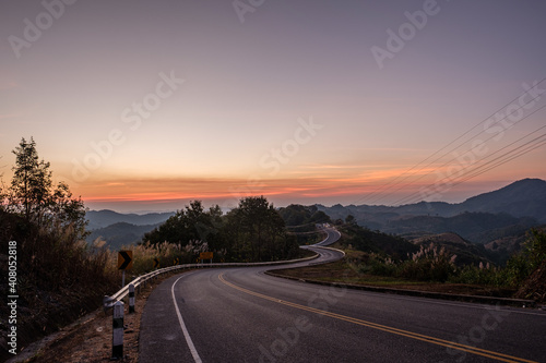 The road on the bend in the mountains in northern Thailand.