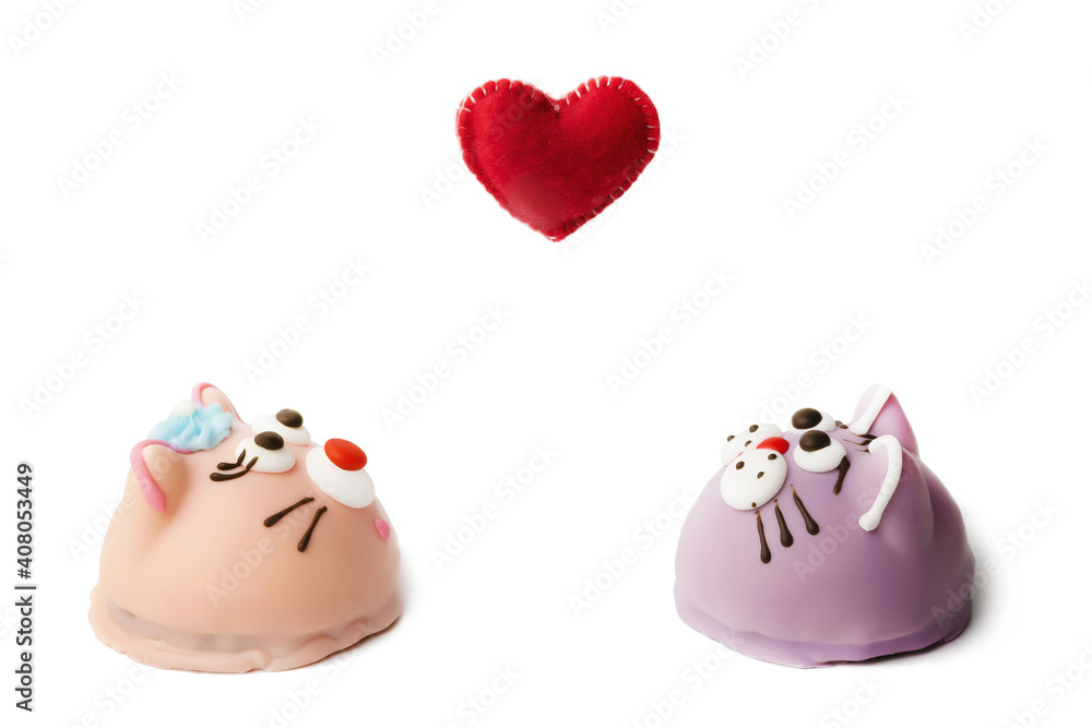 cookies in icing in the form of animals cats and mice with heart on white background cookies in icing in the form of animals cats and mice with heart on white background