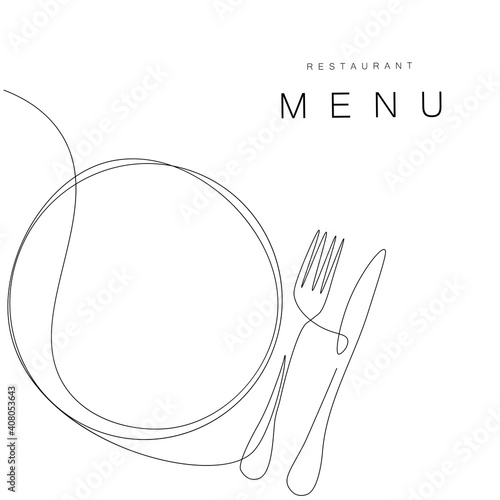 Menu restaurant background with plate and fork, knife drawing, vector illustration