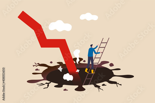Business to survive in COVID-19 pandemic causing economic recession, survival from Coronavirus crash concept, businessman climb up ladder from deep hole of coronavirus impact with red arrow graph.