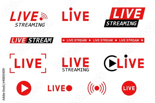 Set of live streaming icons. Red and black symbols and buttons of live streaming, broadcasting, online stream. Template for tv, shows, movies and live performances. Vector illustration
