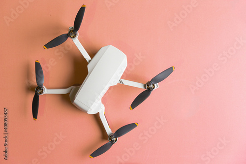 drone top view. concept flying drone on flat background. flat lay flat design. copy space