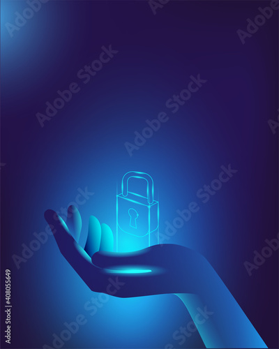 The hand holds the virtual lock. Vector illustration on the topic of cybersecurity. Template for a vertical banner or poster.