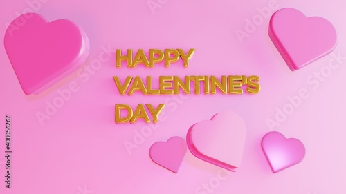 Valentine's Day 3D Illustration with Pink Hearts and Golden Text