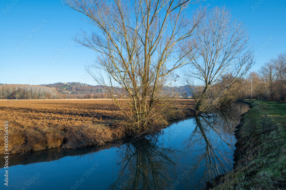 Panorama of the northern Italian countryside, detail of the river and the embankments where the trees are reflected in the river with the reflections of the sun on an autumn day, cold but with the sun