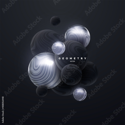 Black and silver 3d spheres cluster. Abstract background
