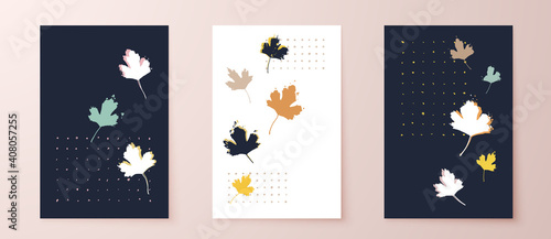 Grunge leaves postcard set. Abstract foliage for cards, covers, wall art or posters. Pastel colors backgrounds. Black currant bush leaf.
