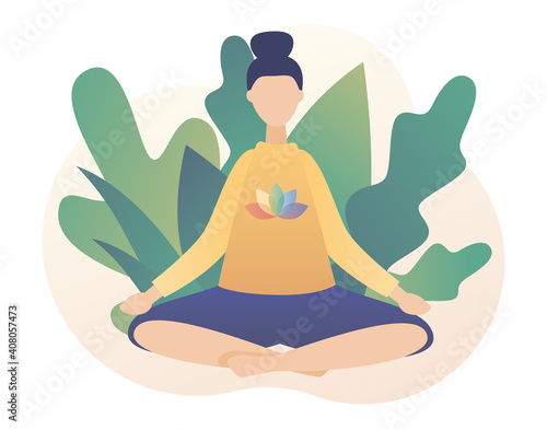 Tiny woman sitting in lotus pose. Meditation concept. Yoga online, relax, recreation, healthy lifestyle. Modern flat cartoon style. Vector illustration on white background