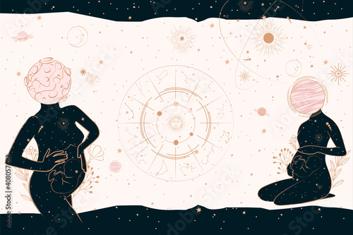 Mystical and Astrology illustration with Pregnant Women, Baby, Space objects, planet, constellation. Minimalistic objects made in the one line style. Editable vector illustration.