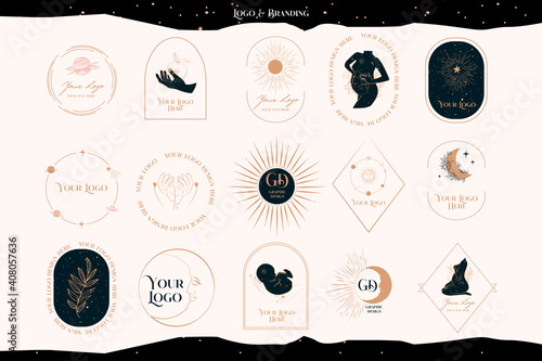 Collection of Logos with mystical, astrology elements, pregnant woman, baby, sun and moon. Branding collection. Editable vector illustration.