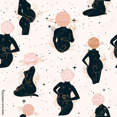 Seamless pattern with Pregnant Women, Baby, Space objects, planet, constellation. Editable vector illustration.