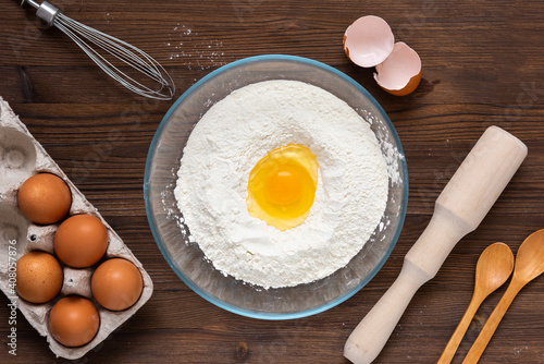 Preparation of flour products from flour and eggs. Top view.