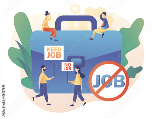 Unemployment social problem concept. Need job. Economic crisis, company and business closed, workplace shortening. Tiny people unemployed looking for job.Modern flat cartoon style. Vector illustration