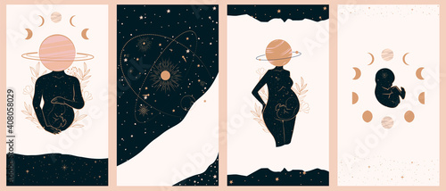 Collection of space and mysterious illustrations for stories templates, Mobile App, Landing page, Web design in hand drawn style. Magic, occultism and astrology concept. 