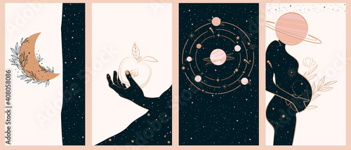 Collection of space and mysterious illustrations for stories templates, Mobile App, Landing page, Web design in hand drawn style. Magic, occultism and astrology concept. 