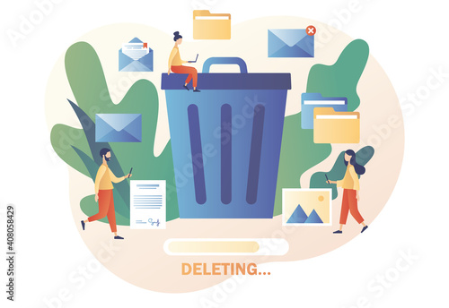 Delete concept. Cleaning digital memory. Tiny people deleting data and move unnecessary files to the big trash bin. Modern flat cartoon style. Vector illustration on white background