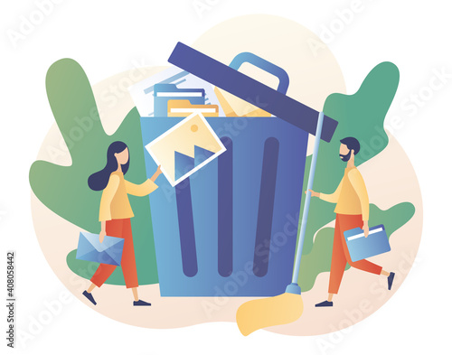 Delete concept. Cleaning digital memory. Tiny people deleting file and move unnecessary files to the big trash bin. Modern flat cartoon style. Vector illustration on white background