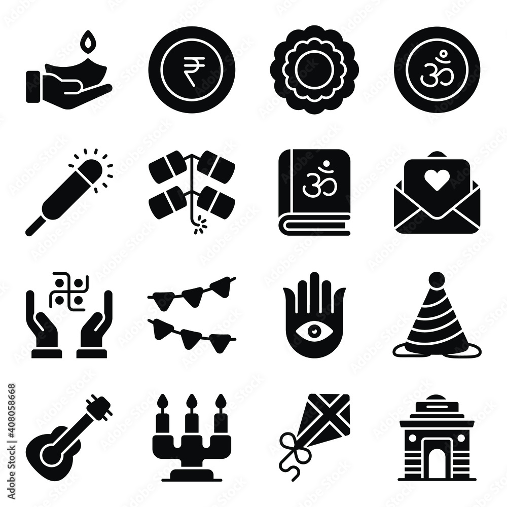 Diwali icons set. glyph vector icons. Diwali Hindu festival elements. Diwali icons set. glyph vector icons. Diwali Hindu festival elements.