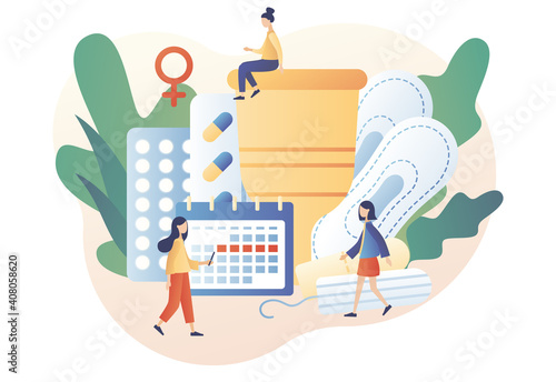 Menstruation period concept. Tiny women with monthly calendar, menstrual cup, tampon and tablets. Menstrual protection and feminine hygiene. Modern flat cartoon style. Vector illustration