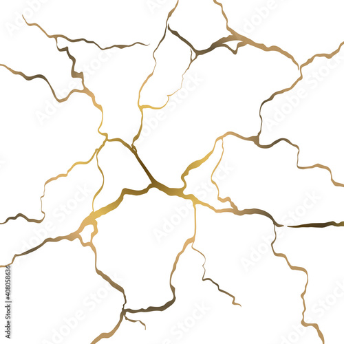 Gold crack on white background. Antique Kintsugi restoration technique. Broken marble luxury stone pattern effect. Foil wallpaper glitter graphic. Wedding card template. Cover surface. Vector
