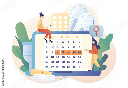 Tiny girls with monthly calendar on laptop screen, menstrual cup, tampon and tablets. Menstruation period. Menstrual protection and feminine hygiene. Modern flat cartoon style. Vector illustration 