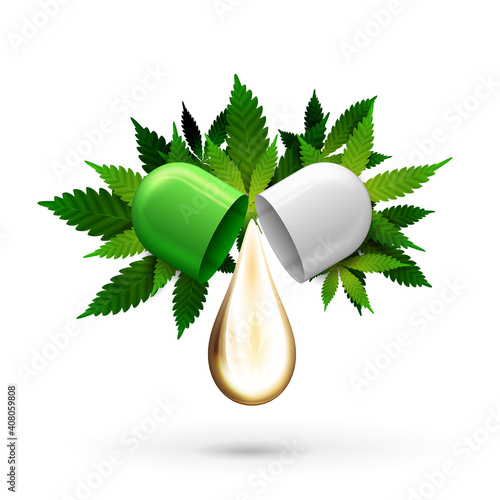 White and green pill capsule with drop of cbd oil and green leafs of cannabis isolated on white background. Vector 3D illustration