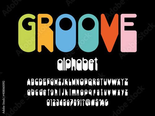 Vector of stylized retro alphabet design with uppercase, lowercase, numbers and symbols